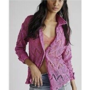 NWT $98 FREE PEOPLE Until Sundown Shirt Cover-Up‎ Gin Fizz Pink Crochet MEDIUM